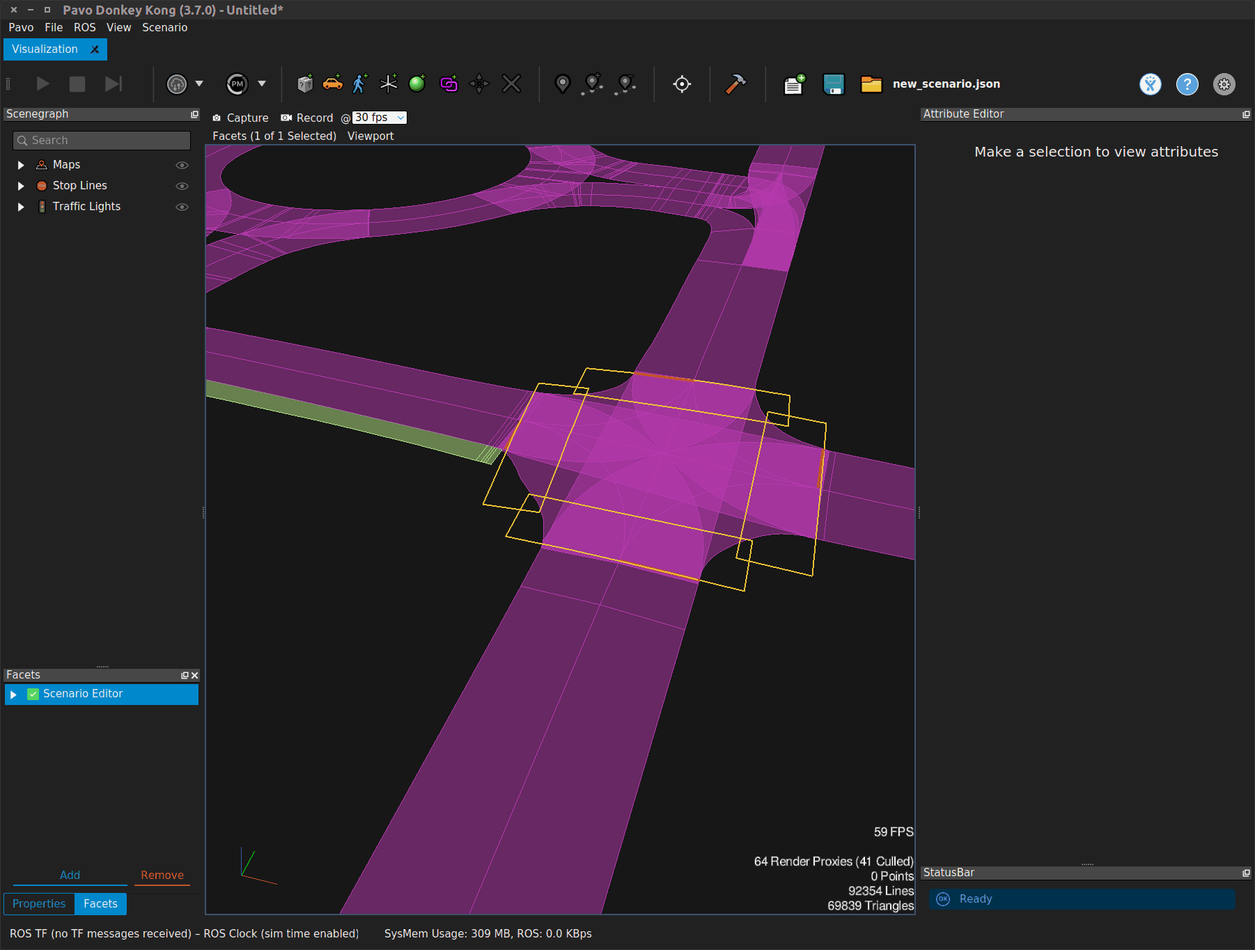AV scenario visualization — maps, stop lines, traffic lights, moving assets