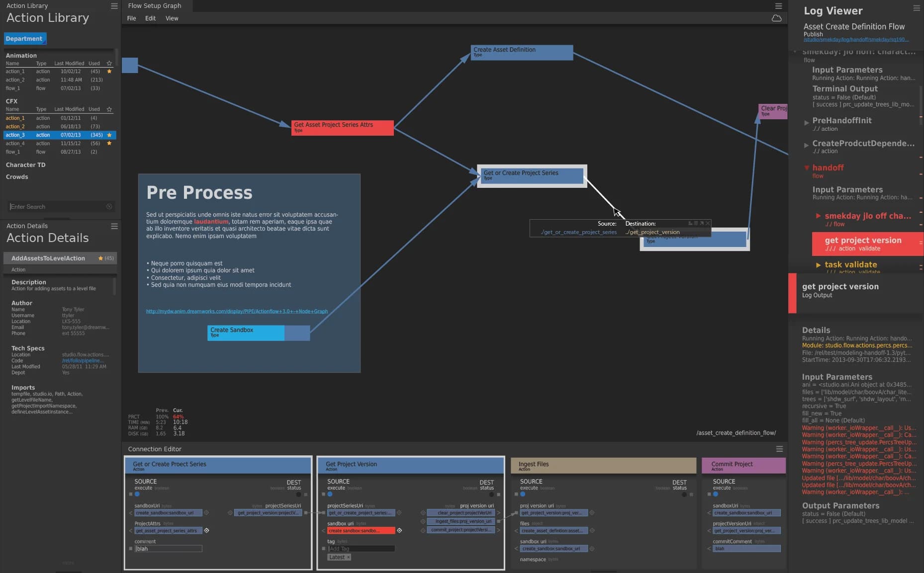 Action Flow — flow setup graph & connection editor
